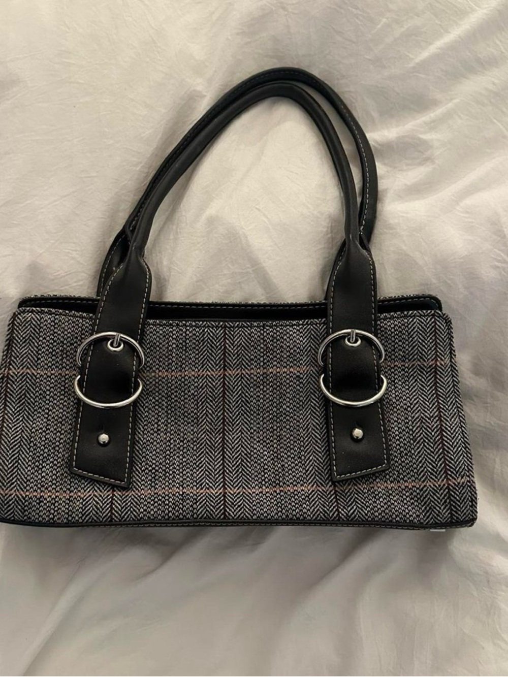 Classic Black and Gray Herringbone Shoulder Bag